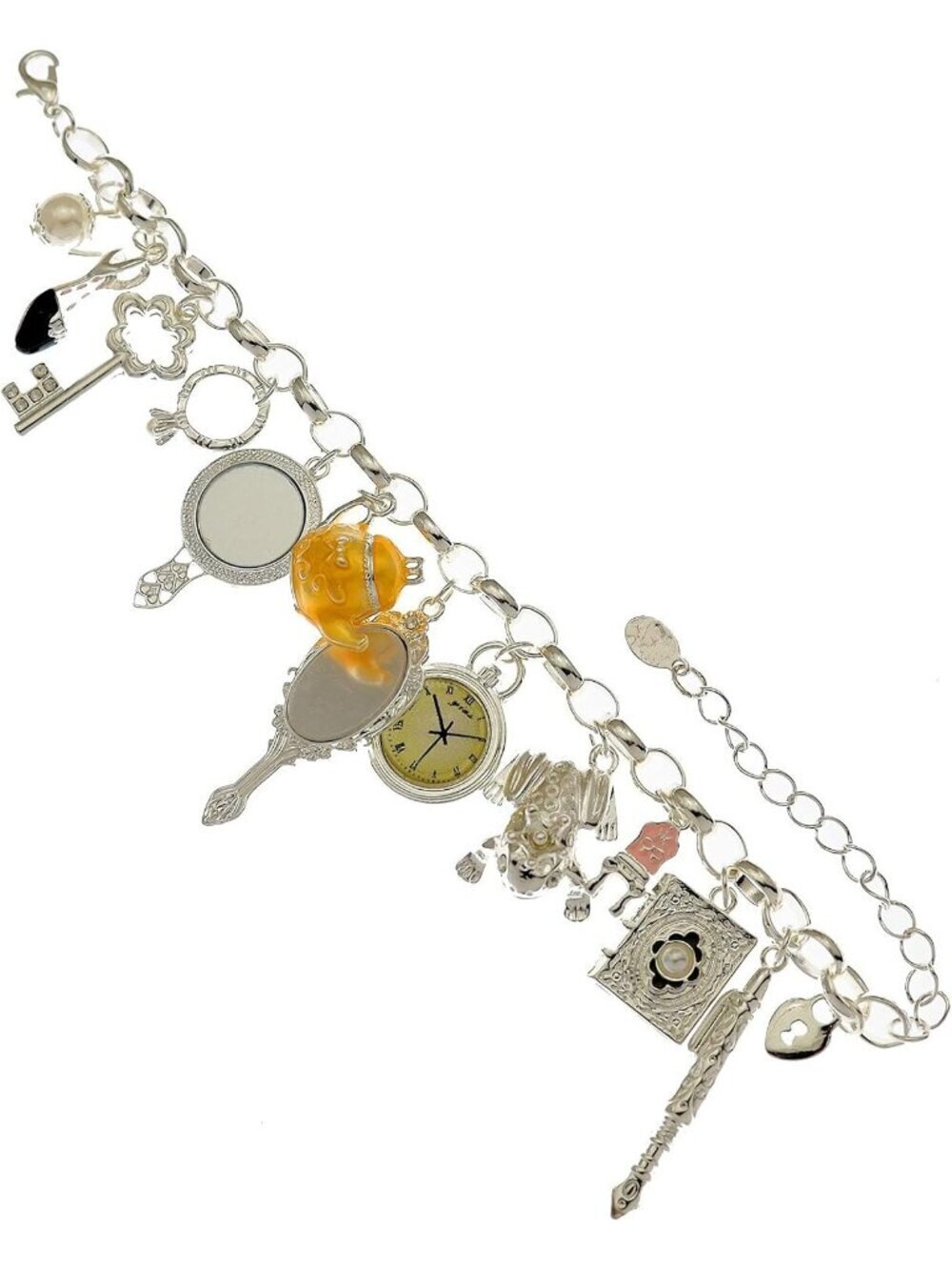 Women's Silver Cuff Mirror Clock Heart Teapot Wonderland Style Bangle  Bracelet